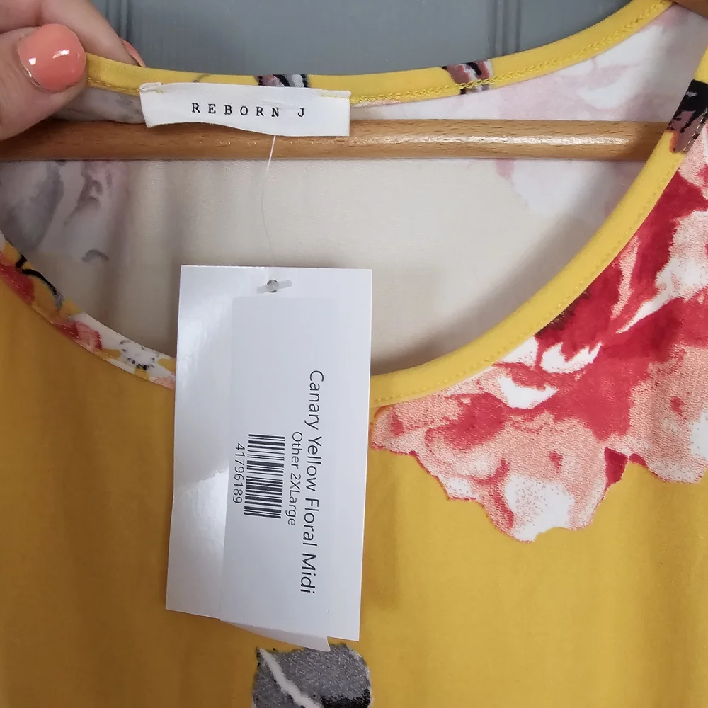 NWT Reborn J Floral Midi Dress 2XL Yellow Stretchy Long Sleeve Boho Style - Picture 2 of 4